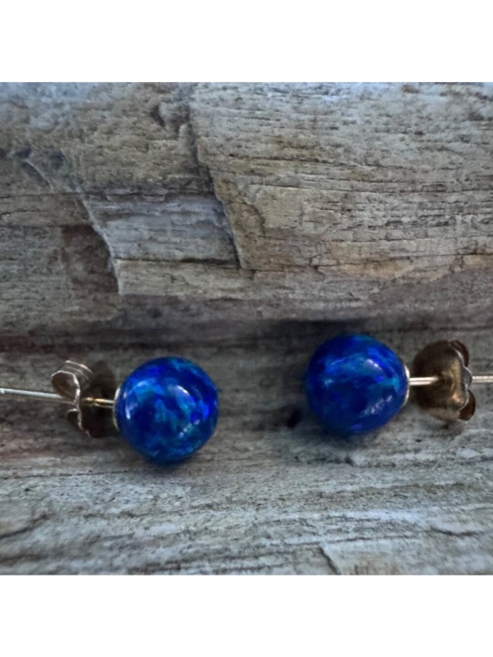 14k Gold Blue Opal Stud Earrings Round Cabochon Post Back Fine Jewelry 6mm